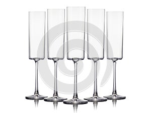 Set of empty champagne glasses in a row isolated on a white background