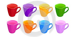 Set of empty cups in different colors isolated