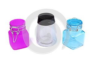 Set of empty glass jars for spice. Purple and blue jar for spice. Cooking utensil. Kitchen ware. Kitchen utensils