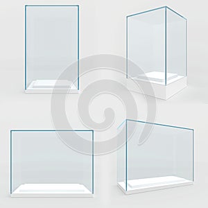 Set empty glass showcase in cube form for presentation on white background. 3d rendering