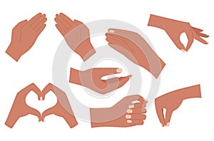 A set with empty human hands. The hand holds, gives, depicts a heart gesture, holds with two fingers, a pinch gesture. Cartoon