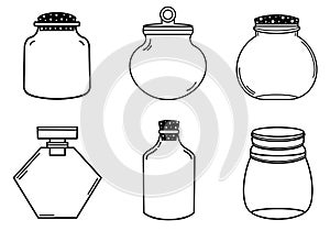 Set of empty jars with lids. Isolated vector icons on white background. Glass containers for food. Hand-drawn doodle, outline of