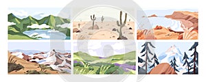 Set of empty landscapes and sceneries with snowy mountain tops, hills, field, lake, sea and desert. Collection of scenic