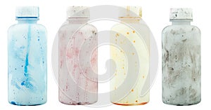 Set of empty plastic paint bottles isolated on white background. Different colors