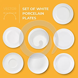 Set of empty realistic white porcelain plates with shadows
