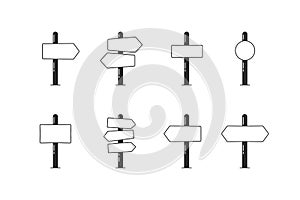 Set of 8 empty road sign post arrows indicating pointing towards directions. Isolated Vector illustration icon graphics to add