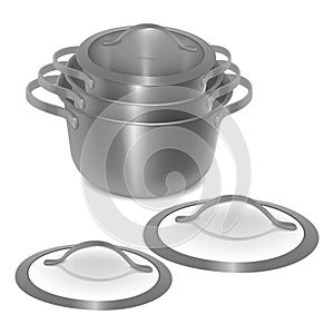 Set of empty steel pots with lids.