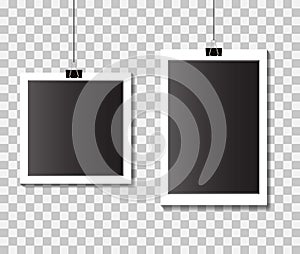 Set of empty template photo frames with clips. Black and white photo frames on isolated background.vector  eps10