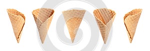 Set of empty wafer ice cream cones on background. Banner design