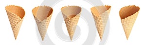 Set of empty wafer ice cream cones on background. Banner design