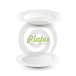 Set of empty white plate on the white background. Vector illustration