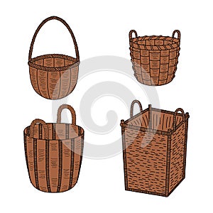 Set of empty wicker baskets.