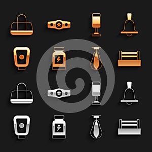 Set Energy drink, Boxing bell, ring, Punching bag, training paws, Sport and belt icon. Vector