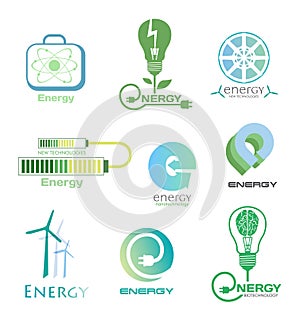 Set energy logos and emblems. Design elements and symbols of power plant, electricity, wind turbine, atom, ecology conservation.