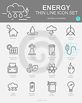 Set of Energy Vector Line Icons. Includes wind energy, Hydro energy, Solar Cell energy, Factory and more