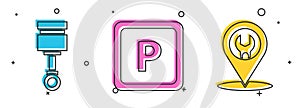 Set Engine piston, Parking and Car service icon. Vector