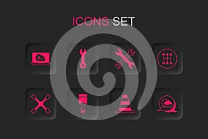 Set Engine piston, Wrench spanner, Racing helmet, Traffic cone, Gear shifter, and Wheel wrench icon. Vector