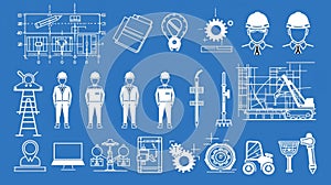 A set of engineering icons. It contains blueprints, engineer icons, tools, construction icons, mechanical icons