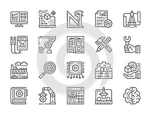 Set of Engineering and Manufacturing Line Icons. Presentation, Tools and more.