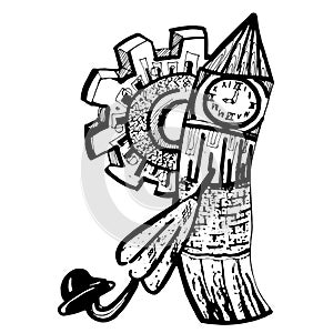 Set of England symbols hand drawn set with Big Ben, ambrella, hat, gear vector illustration photo