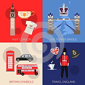 Set of England travel compositions with place for text. Visit London, The Tower Bridge, Britain Symbols, Travel England