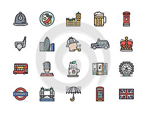 Set of English Culture Flat Color Line Icons. Postbox, Police Helmet and more.