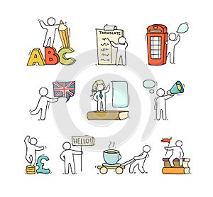 set of english icons with working little people