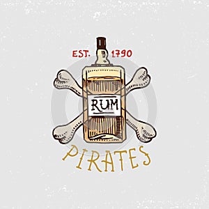 Set of engraved, hand drawn, old, labels or badges for corsairs, bottle of rum and bone. Pirates marine and nautical or