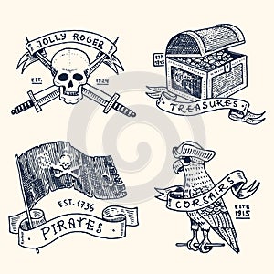 Set of engraved, hand drawn, old, labels or badges for corsairs, skull at anchor, treasures, flag , Caribbean parrot