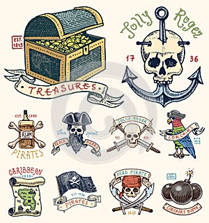 Set of engraved, hand drawn, old, labels or badges for corsairs, skull at anchor, treasures, flag , Caribbean parrot