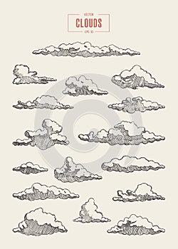 Set engraved style clouds drawn vector sketch