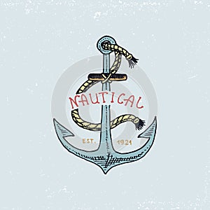 Set of engraved vintage, hand drawn, old, labels or badges for anchor. Marine and nautical or sea, ocean emblems. always