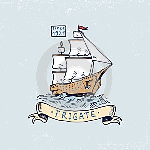 Set of engraved vintage, hand drawn, old, labels or badges for atlantic tidal wave, frigate or ship. Marine and nautical