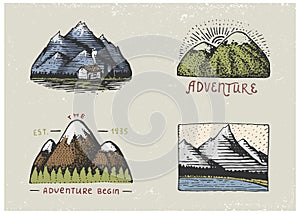 Set of engraved vintage, hand drawn, old, labels or badges for camping, hiking, hunting with mountain peaks, from south