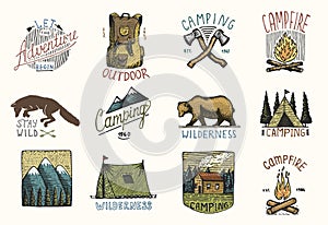 Set of engraved vintage, hand drawn, old, labels or badges for camping, hiking, hunting with mountains, campfire and