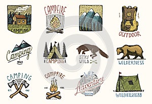 Set of engraved vintage, hand drawn, old, labels or badges for camping, hiking, hunting with mountains, campfire and