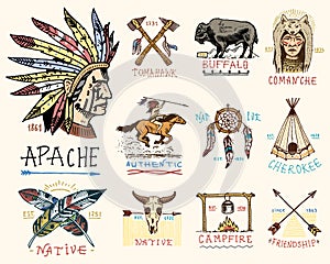 Set of engraved vintage, hand drawn, old, labels or badges for indian or native american. buffalo, face with feathers