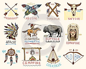 Set of engraved vintage, hand drawn, old, labels or badges for indian or native american. buffalo, face with feathers