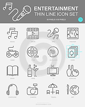 Set of Entertainment Vector Line Icons. Includes Music, Movie, sing, Game and more