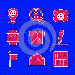 Set Envelope, Calendar, Pencil with eraser, Location marker, Mobile and envelope, Telephone and mail e-mail icon. Vector