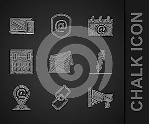 Set Envelope, Chain link, Megaphone, Pencil with eraser, Location and mail and e-mail, Calendar, email and Monitor icon