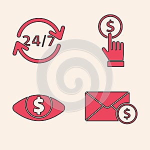 Set Envelope with coin dollar, Clock 24 hours, Hand holding coin and Eye with dollar icon. Vector