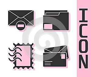 Set Envelope, Delete envelope, Postal stamp and Document folder icon. Vector
