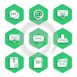 Set Envelope, Document and pen, Download inbox, Received message concept, setting and Speech bubble chat icon. Vector