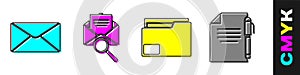 Set Envelope, Envelope with magnifying glass, Document folder and Document and pen icon. Vector