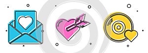 Set Envelope with heart, Amour with heart and arrow and Romantic music icon. Vector