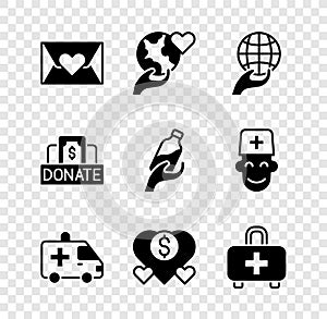 Set Envelope with heart, Hand holding Earth globe, Ambulance car, Donation charity, First aid kit, and water icon