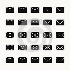 Set of Envelope icon in solid black flat shape glyph icon