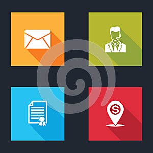 Set Envelope, Man with a headset, Certificate template and Cash location pin icon. Vector
