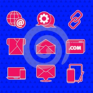 Set Envelope, Phone and graphic tablet, Website template, Monitor phone, Chain link and Earth globe with mail icon